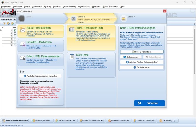 MailOut Oberfläche für Newsletterversand unter Windows